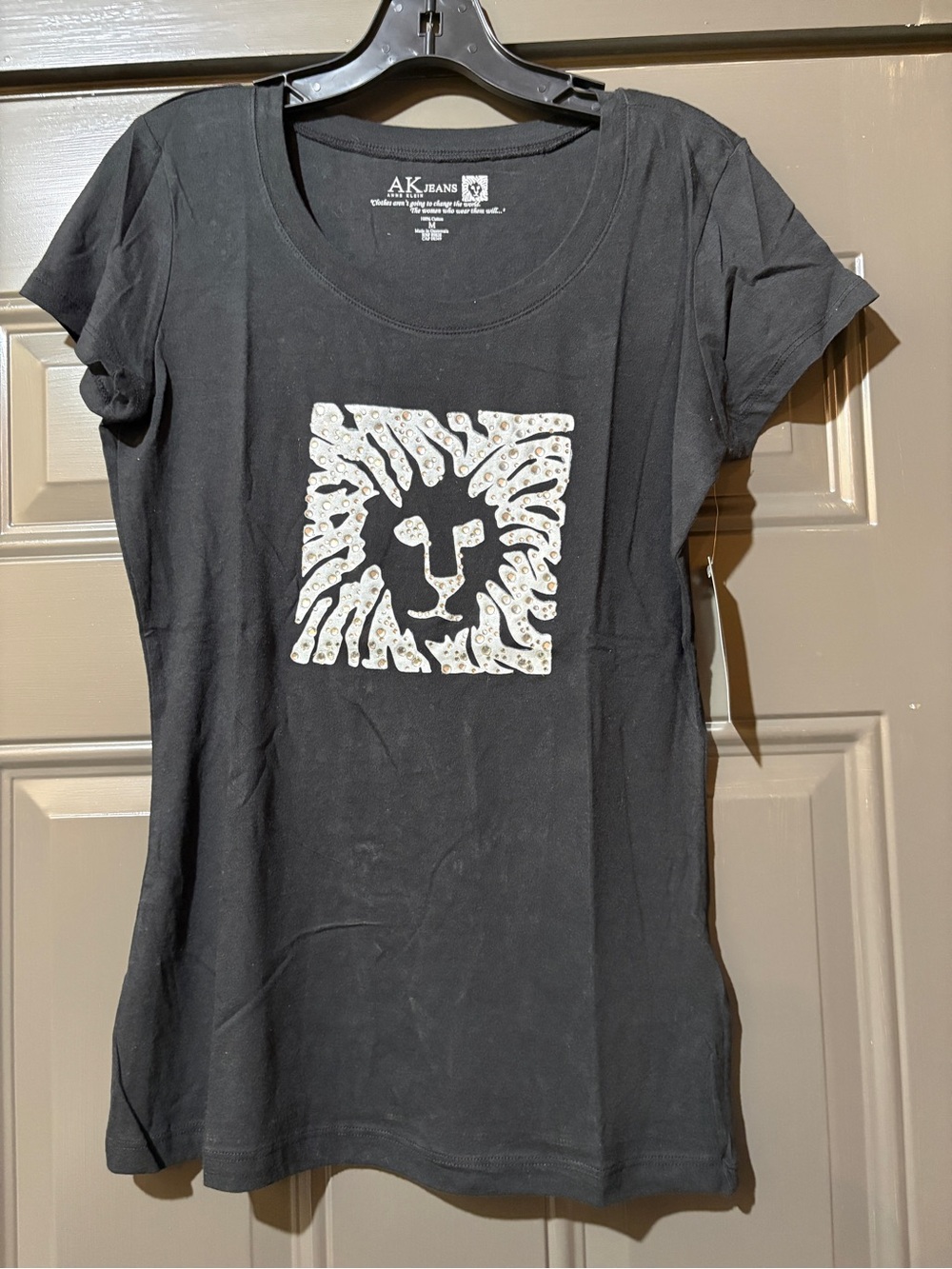 AK Jeans Black Tee with Rhinestone Lion Graphic